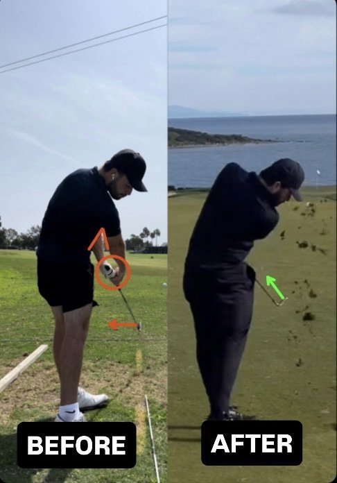 Alex before and after: hands high and the club steep at the top on the range, then shallower and behind him on the course.