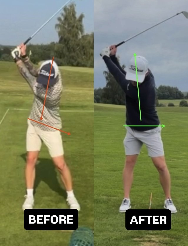 Macie B before and after: at the top of the backswing, the shoulder line tilted steeply down through the trail side, then level and stacked over the hips.