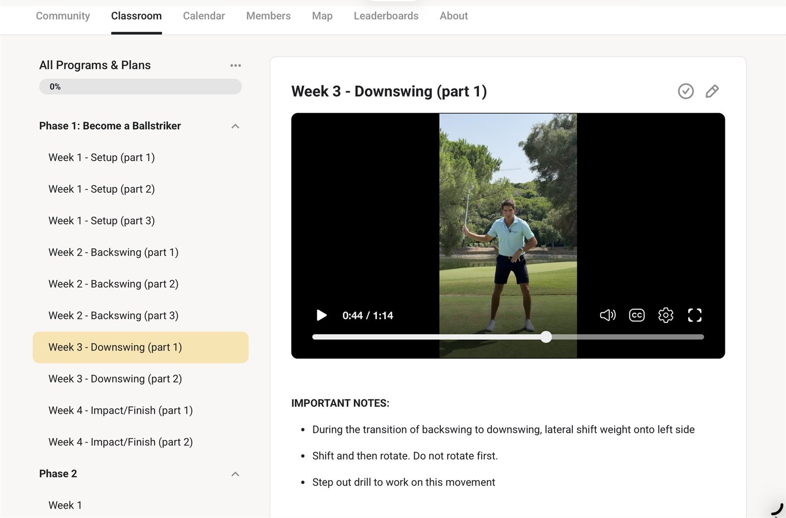 The Ballstrikers Golf Club classroom inside Skool. Phase 1, Become a Ballstriker, listing Week 1 Setup through Week 4 Impact and Finish, with a Week 3 downswing lesson open beside its coaching notes.